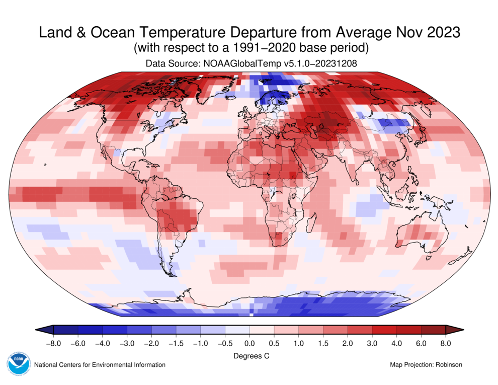 Map of the world showing land/ocean temperature departures from average for November 2023 with warmer areas in gradients of red and cooler areas in gradients of blue.