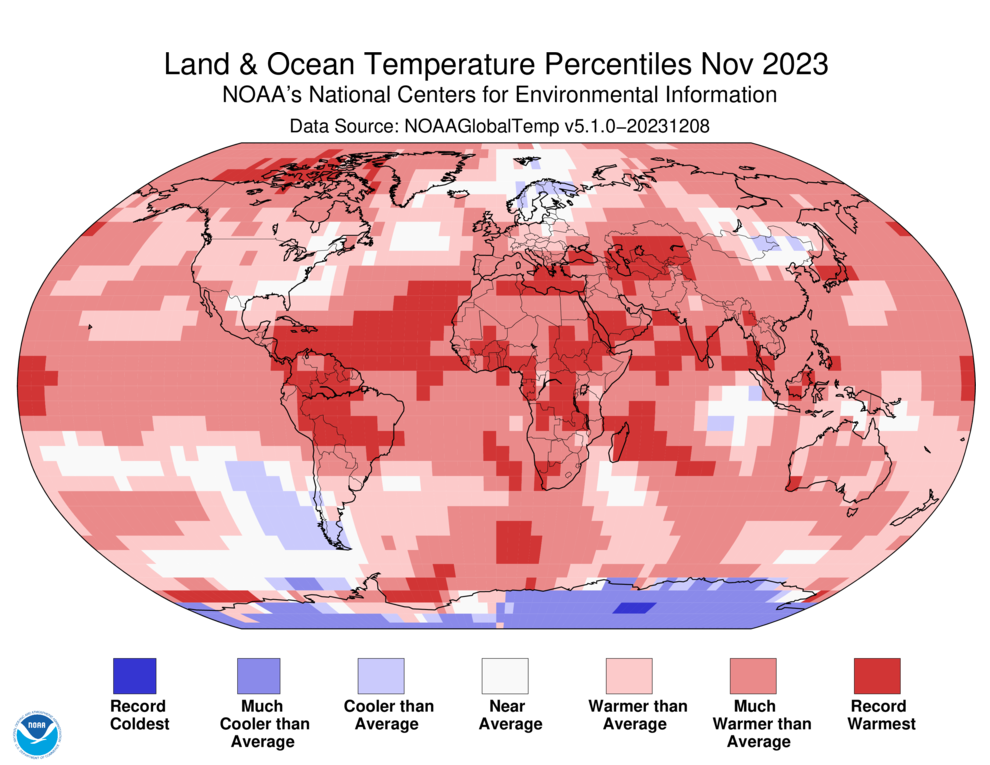 Map of the world showing land/ocean temperature percentiles for November 2023 with warmer areas in gradients of red and cooler areas in gradients of blue.