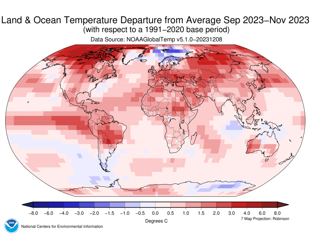 Map of the world showing land/ocean temperature departures from average for September-November 2023 with warmer areas in gradients of red and cooler areas in gradients of blue.