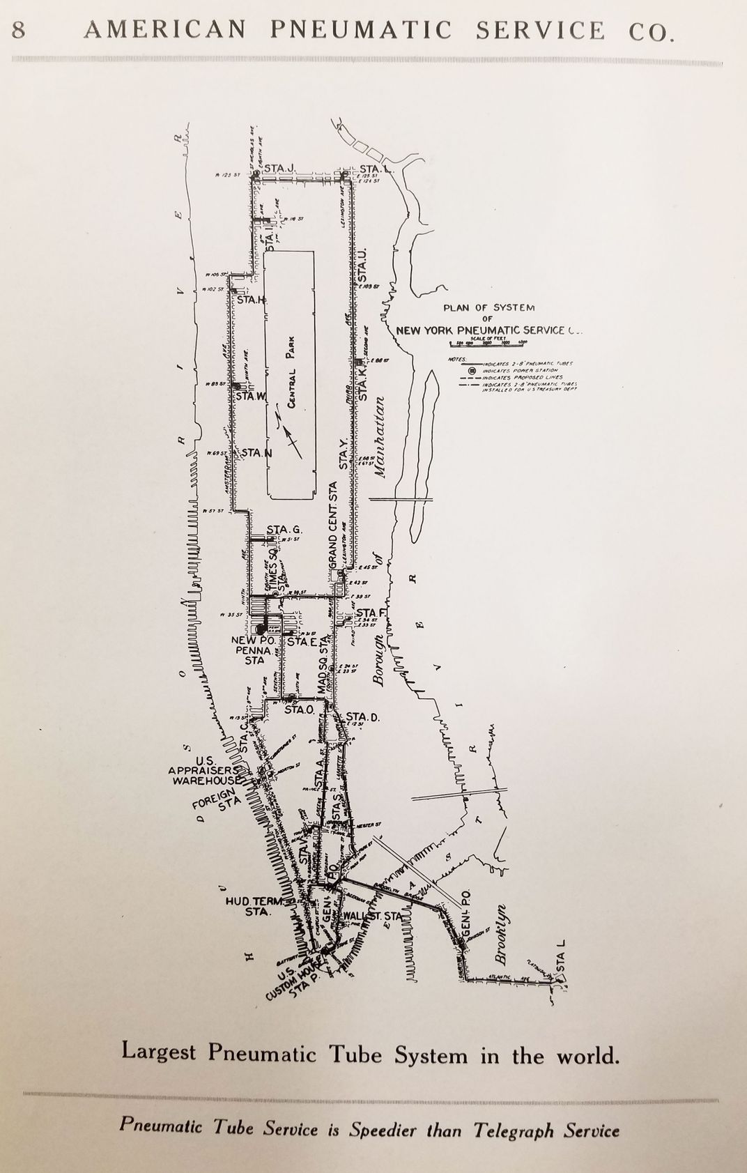 A 1914 map of New York's pneumatic tube mail system