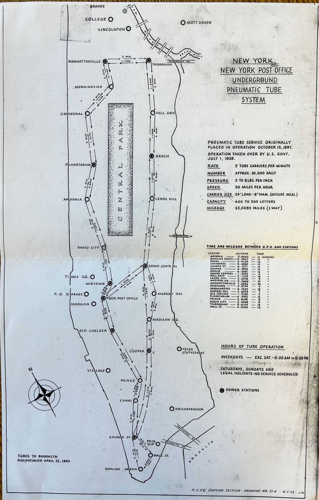 A 1952 map of New York's pneumatic tube mail system
