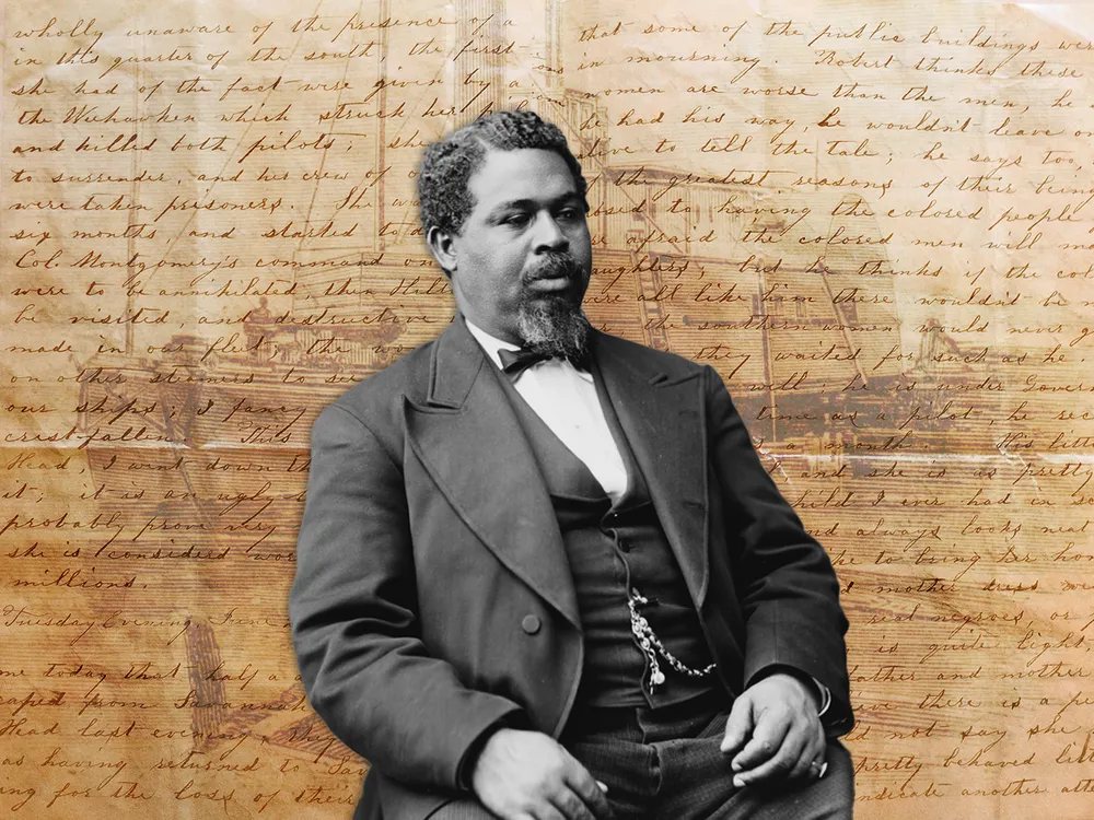 An illustration of Robert Smalls, in front of Harriet M. Buss' letter and a drawing of the CSS Planter