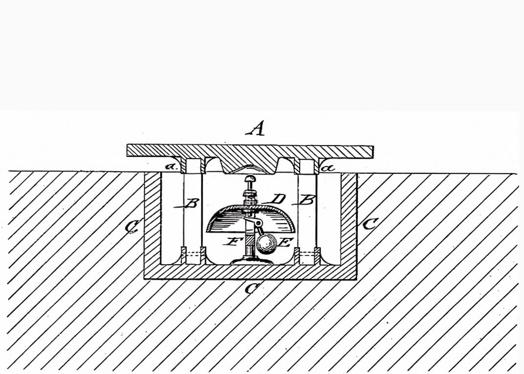 a drawing of a patent of a bell under a base for baseball