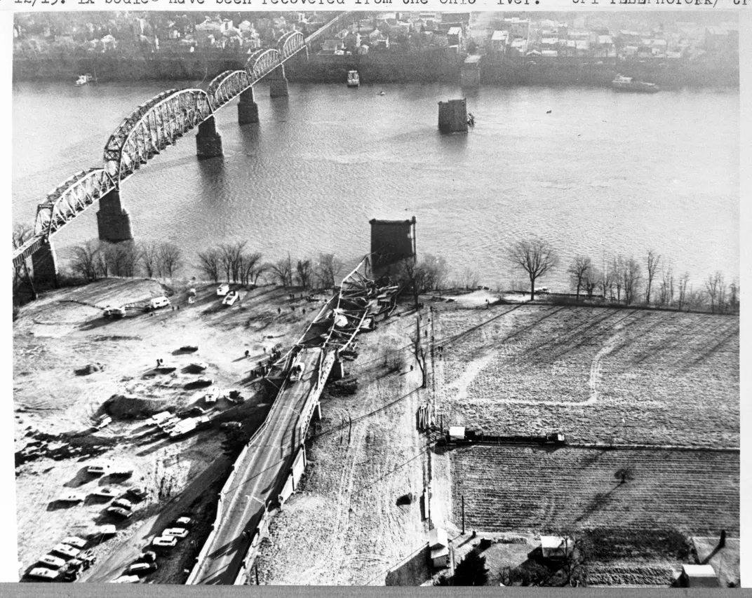 An aerial photo of the Silver Bridge following its collapse in December 1967